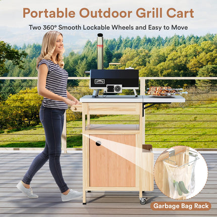 Outdoor Grill Cart with Drop Leaf, Stainless Steel Tabletop Outdoor Kitchen Island, Solid Wood Outdoor Buffet Cabinet with Drawer, Towel Rack, Lockable Wheels for Grilling, Brown/Light Wood Color/Gray-blue