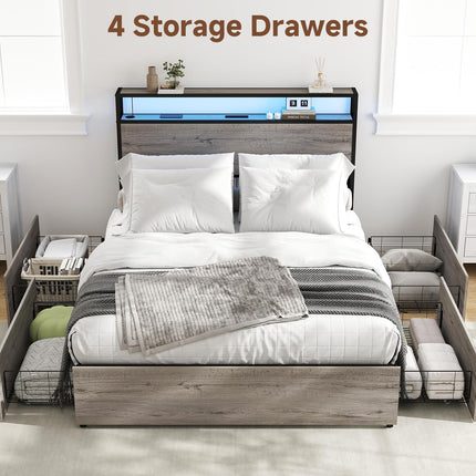 Queen Bed Frame with 4 Drawers & Headboard, Queen Size Metal Platform Bed Frame with Charging Station, LED Lights, Sturdy & Stable Queen Size Bedframe, Noiseless, No Box Spring Needed