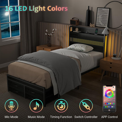 Twin Bed Frame with Storage Drawers, Twin Metal Bed Frame with LED Light and Charging Station, Heavy Duty Metal Slats, No Box Spring Needed, Black