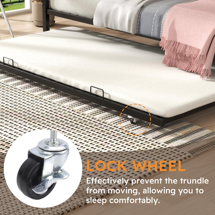 Twin Over Full Bunk Bed with Trundle, Metal Triple Bunk Bed with Full Length Guardrail 2 Side Ladders Thickened Bed Frame for Boys Girls Adults Loft, No Box Spring Needed, Black