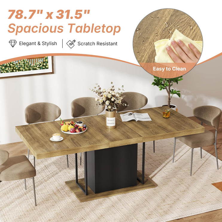 63"-78.7" Expandable Dining Tables, 6-10 Farmhouse Kitchen Table, Extendable Dining Room Table, Rectangular Thick Top with Metal Track, Central Column Base for Living Room, Office-Brown