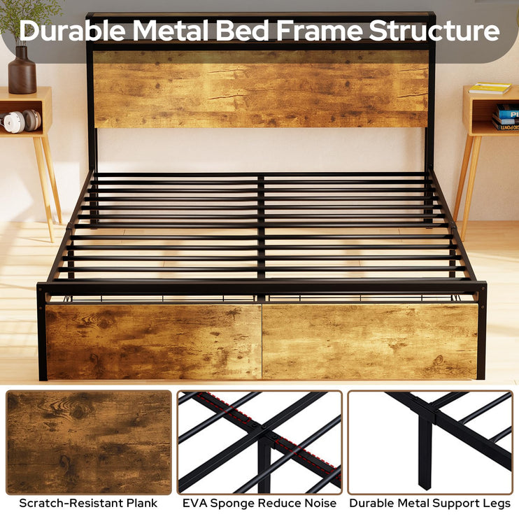 Queen Bed Frame with Storage Drawers, Bed Frame Queen Size with Headboard, LED Light, Charging Station with 3 USB Ports & 1 Type-C Port, No Noise, Rustic Brown