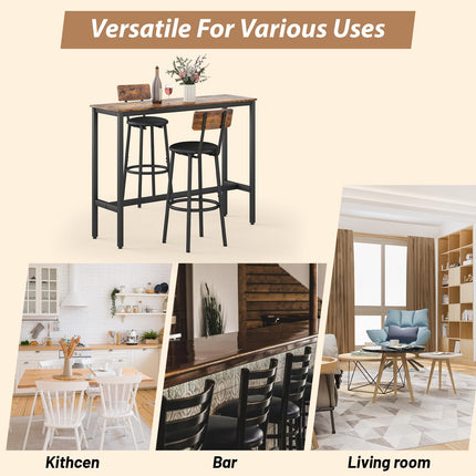 Dining Table Set for 2, 3-Piece Bar Table and Chairs Set, Kitchen Table and Chairs, High Top Table with 2 PU Upholstered Stools, Space-Saving Pub Table Sets for Small Space, Brown