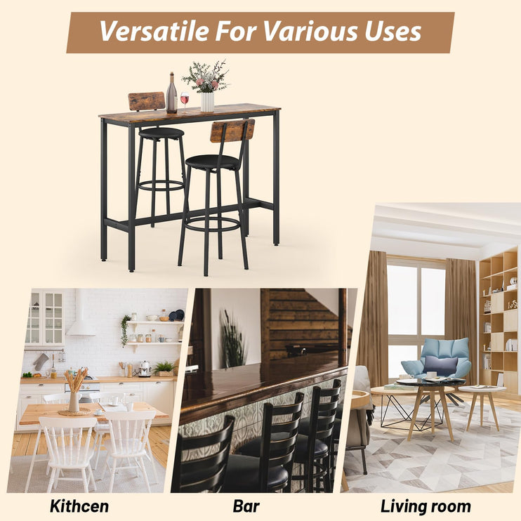 Dining Table Set for 2, 3-Piece Bar Table and Chairs Set, Kitchen Table and Chairs, High Top Table with 2 PU Upholstered Stools, Space-Saving Pub Table Sets for Small Space, Brown