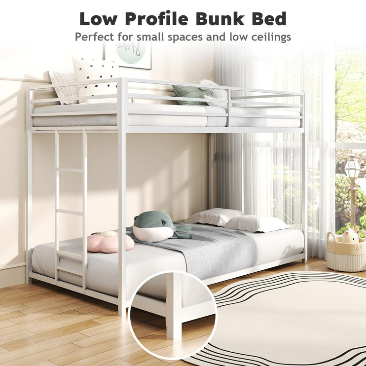 Twin Over Twin Bunk Bed, Metal Low Profile Bunkbeds with Full-Length Guardrail and Ladder, Space Saving, No Boxing Spring Needed, White