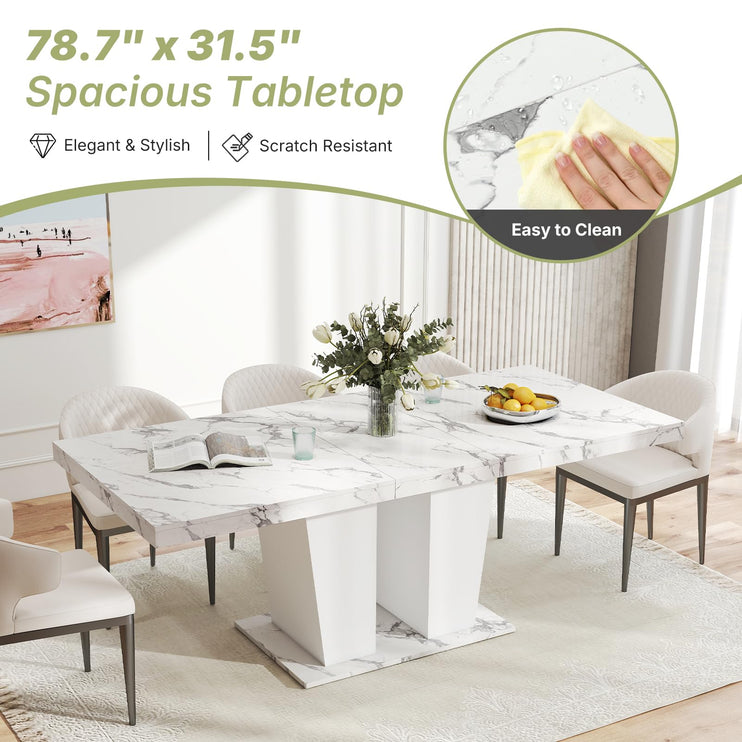 63"-78.7" Expandable Dining Table, 6-10 Farmhouse Kitchen Table, Extendable Console Table, Wooden Farmhouse Kitchen Table with Metal Track & Dual Column Base for Dining Room, Office-White