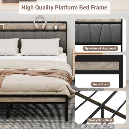 Full Bed Frame, 2 Tier Shelf Headboard with USB Ports & Power Outlets Charging Station, Full Size Metal Platform Bed Frame with Upholstered Headboard, Noise-Free, No Box Spring Needed