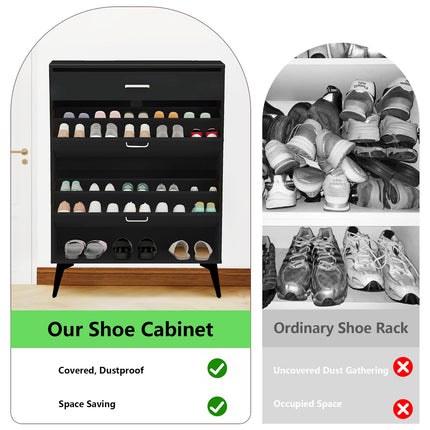 Black Shoe Cabinet with 2 Flip Drawers, Freestanding Shoe Storage Cabinet with Adjustable Shelf, Metal Legs for Entryway Hallway