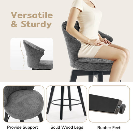 Bar Stools Set of 2, 25" Counter Height Stools, 360° Swivel Bar Stools, Stools for Kitchen Counter, Barstools Set of 2 with Wood Legs & Chenille Upholstery for Pub & Dining Room-Grey