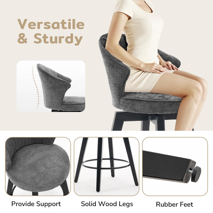 Bar Stools Set of 2, 25" Counter Height Stools, 360° Swivel Bar Stools, Stools for Kitchen Counter, Barstools Set of 2 with Wood Legs & Chenille Upholstery for Pub & Dining Room-Grey
