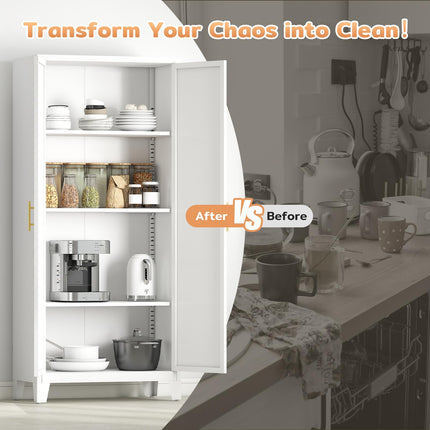 61" H Metal Kitchen Pantry Cabinet, Freestanding Cupboard with 2 Doors and 3 Adjustable Shelves, Tall Metal Storage Cabinet for Kitchen, Bathroom, Dinning Room or Laundry Room （White）