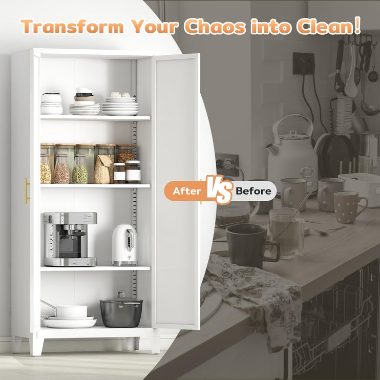 61" H Metal Kitchen Pantry Cabinet, Freestanding Cupboard with 2 Doors and 3 Adjustable Shelves, Tall Metal Storage Cabinet for Kitchen, Bathroom, Dinning Room or Laundry Room （White）