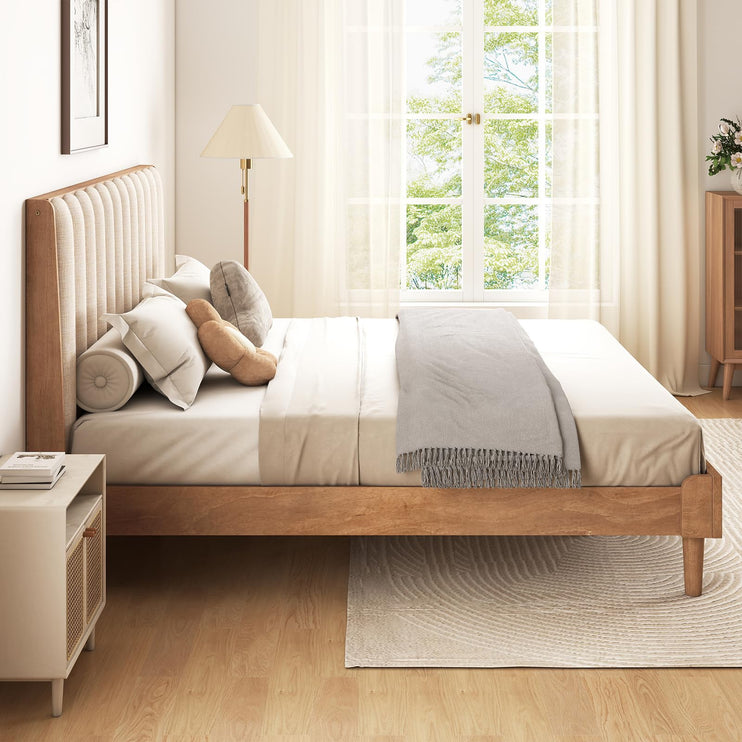 Wood Queen/King Bed Frame with Piano Key Style Upholstered Headboard, Sturdy Solid Wood Framework & Wooden Slat Support, No Box Spring Required, Wheat