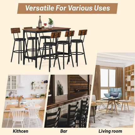 Dining Table Set for 6, 7-Piece Bar Table Set, Kitchen Table and Chairs, Counter Height High Top Table with 6 PU Upholstered Stools, Space-Saving Pub Tables Set for Small Space, Brown