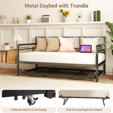 Twin Daybed with Pop Up Trundle, Metal Day Bed Frame with LED Lights and Charging Station, Day Bed with Trundle Bed Twin, Black Daybed for Living Room, Bedroom, Guest Room