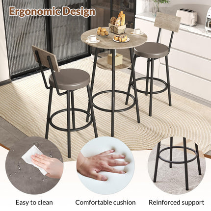3 Pieces Round Bar Table and Chairs Set, Small Dining Table for 2, Kitchen Bar Table, Breakfast Table with Storage, 2 Thickened Cushion Stools with Backrest for Dining Room & Bistro-Grey