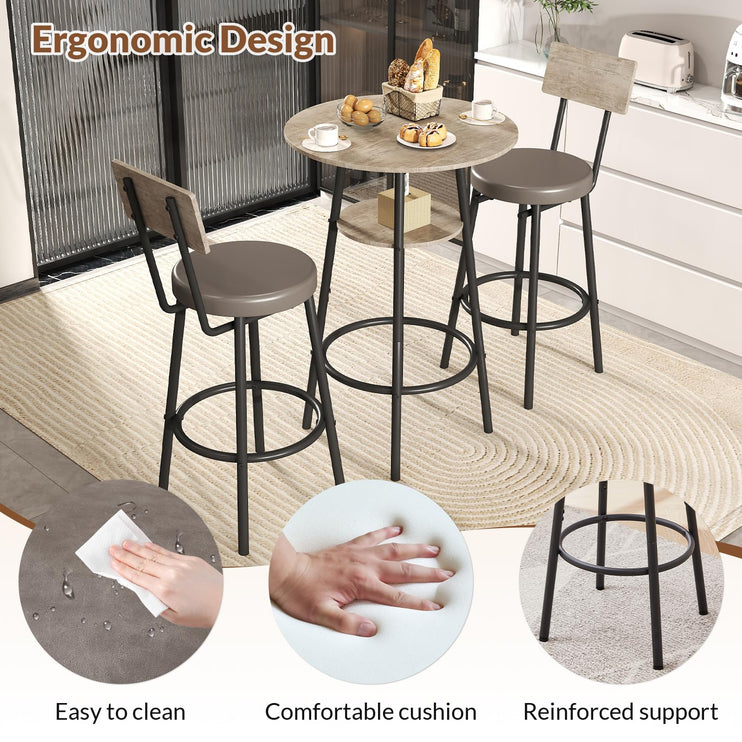3 Pieces Round Bar Table and Chairs Set, Small Dining Table for 2, Kitchen Bar Table, Breakfast Table with Storage, 2 Thickened Cushion Stools with Backrest for Dining Room & Bistro-Grey