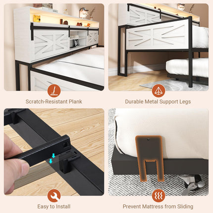 Twin Daybed with Trundle Bed, Rustic Farmhouse Daybed Frame with Sliding Barn Door Headboard LED Lights and Charging Station, Heavy Duty Metal Daybed for Bedroom Living Room Guest Room White