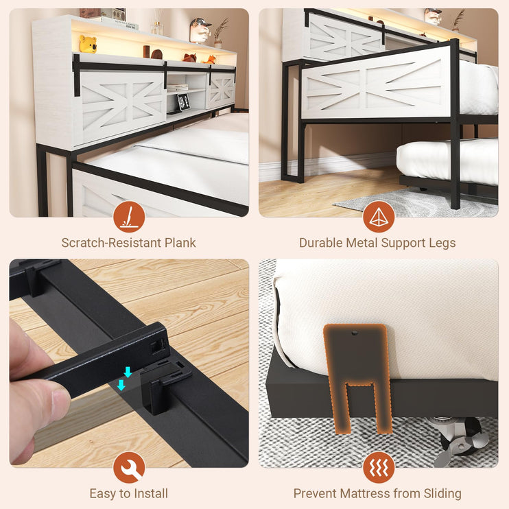 Twin Daybed with Trundle Bed, Rustic Farmhouse Daybed Frame with Sliding Barn Door Headboard LED Lights and Charging Station, Heavy Duty Metal Daybed for Bedroom Living Room Guest Room White