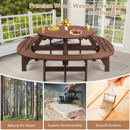 Wood Picnic Table for 10-12 People, Round Top with Umbrella Hole, 4 Built-in Curved Benches, 2220LBS Capacity for Patios & Backyards, Brown