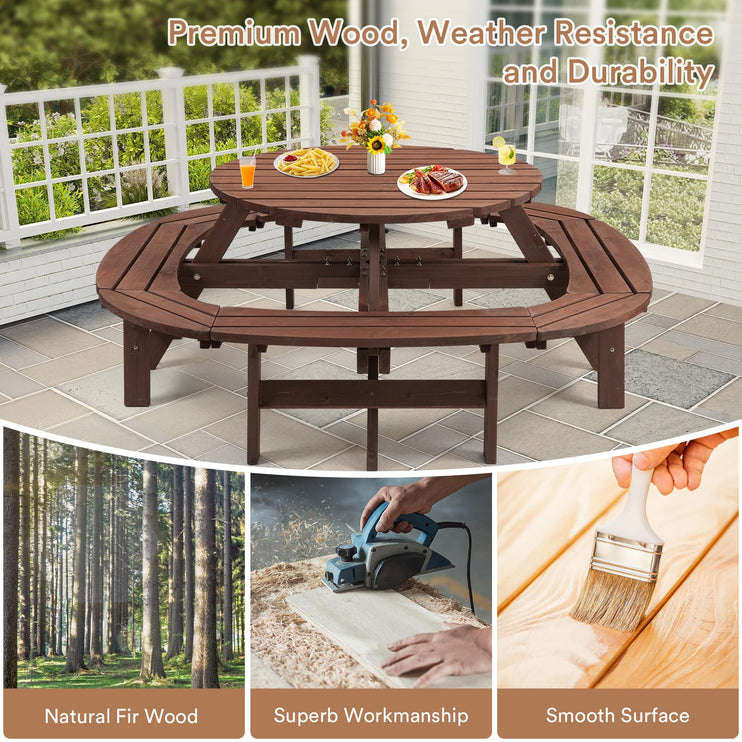 Wood Picnic Table for 10-12 People, Round Top with Umbrella Hole, 4 Built-in Curved Benches, 2220LBS Capacity for Patios & Backyards, Brown
