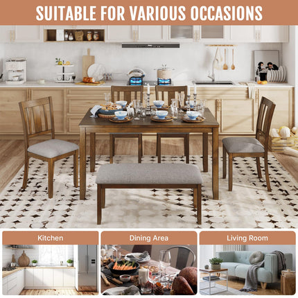 6-Piece Wooden Dining Set, Dining Table & Chair Set for 6, Includes Dining Table, 4 Upholstered Chairs & 1 Bench, Dining Table with Wood Legs, Table Set for Dining Room, Kitchen, Walnut
