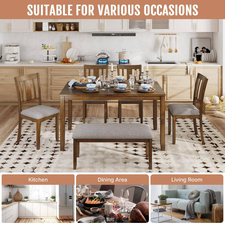6-Piece Wooden Dining Set, Dining Table & Chair Set for 6, Includes Dining Table, 4 Upholstered Chairs & 1 Bench, Dining Table with Wood Legs, Table Set for Dining Room, Kitchen, Walnut