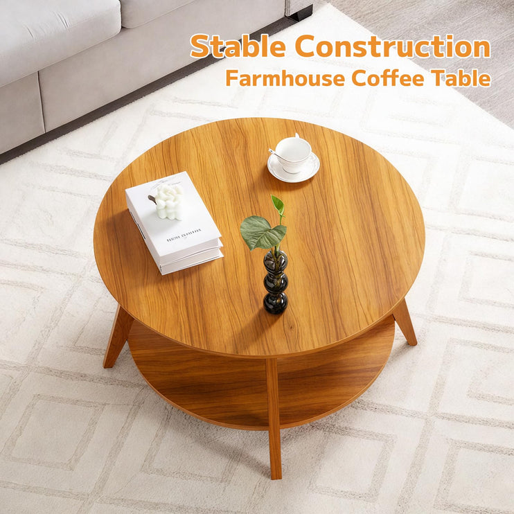 Round Coffee Table, 31.5" Small Coffee Table with Storage Shelf, 2-Tier Circle Wood Rustic Center Table, Farmhouse Style Small Coffee Tables for Living Room, Apartment, Walnut