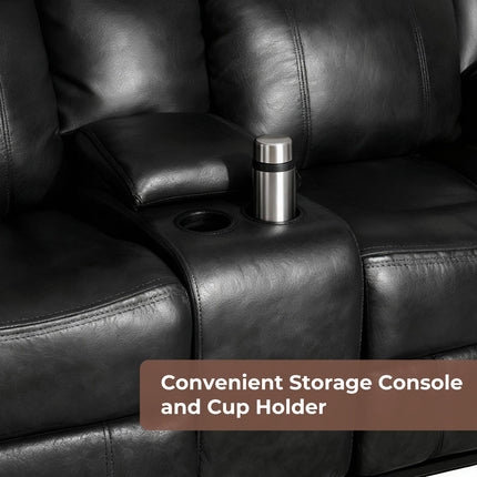Leather Manual Recliner Sofa Set, 1, 2, 3 Seat Reclining Chairs with Adjustable Angles, Center Console, Hidden Storage & Cup Holders, Modern Reclining Furniture for Living Room & Bedroom, Black