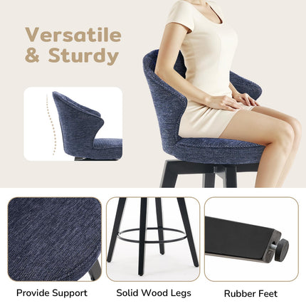 Bar Stools Set of 2, 25" Counter Height Stools, 360° Swivel Bar Stools, Stools for Kitchen Counter, Barstools Set of 2 with Wood Legs & Chenille Upholstery for Pub & Dining Room-Blue