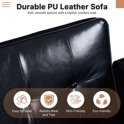 Futon Sofa Bed Futon Couch Loveseat, Convertible Recliner Lounge with Adjustable Backrest, Foam and Spring Cushions for Living Room Apartment Office, PU Leather, Glossy Black