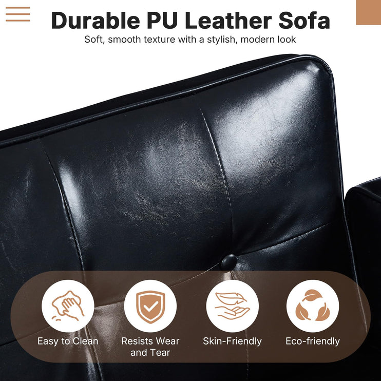 Futon Sofa Bed Futon Couch Loveseat, Convertible Recliner Lounge with Adjustable Backrest, Foam and Spring Cushions for Living Room Apartment Office, PU Leather, Glossy Black