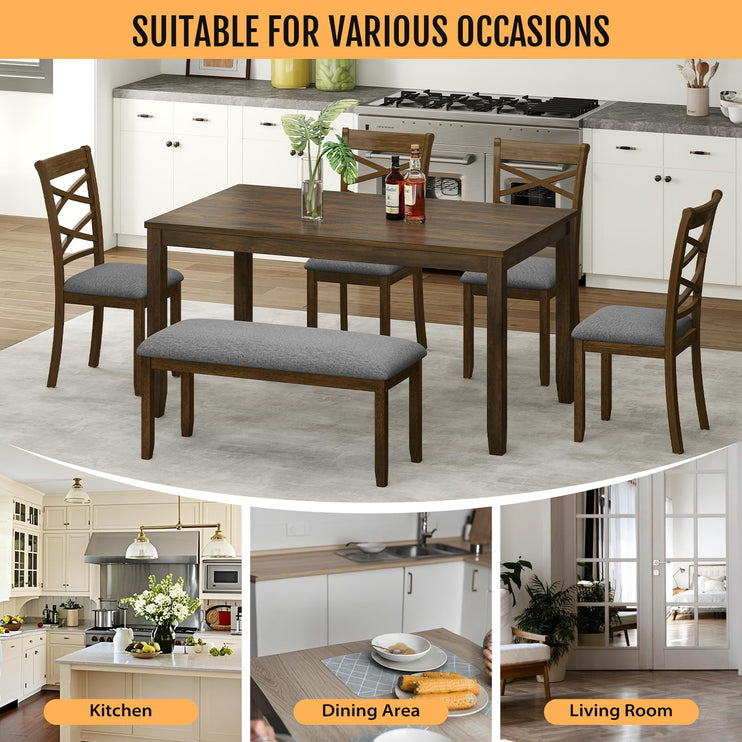 6-Piece Solid Wood Dining Table Set, Includes 1 Dining Table, 4 Upholstered Chairs and 1 Bench, Wooden Legs Dining Table Set for Dining Room, Kitchen, Restaurant, Walnut