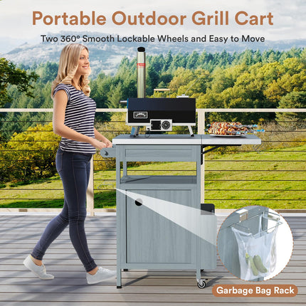 Outdoor Grill Cart with Drop Leaf, Stainless Steel Tabletop Outdoor Kitchen Island, Solid Wood Outdoor Buffet Cabinet with Drawer, Towel Rack, Lockable Wheels for Grilling, Brown/Light Wood Color/Gray-blue