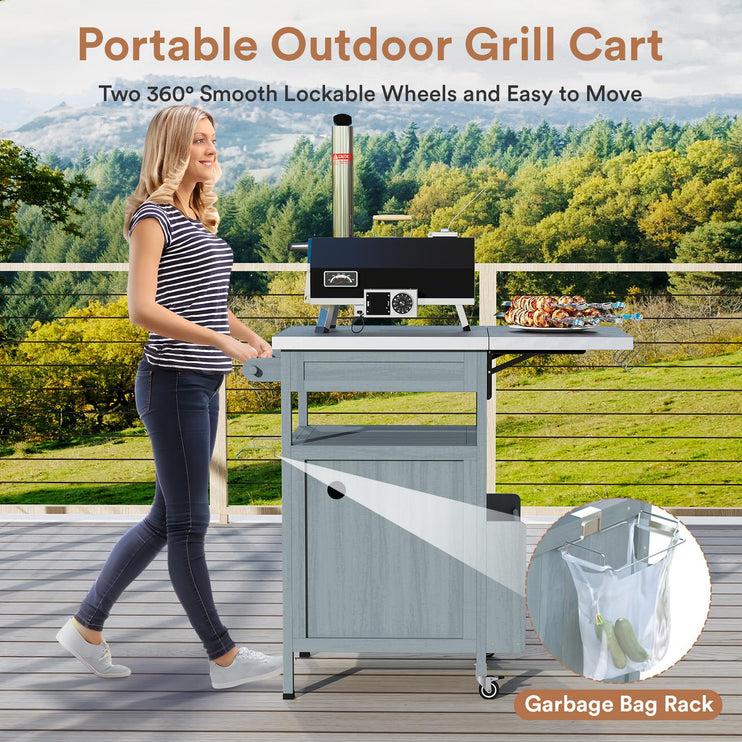 Outdoor Grill Cart with Drop Leaf, Stainless Steel Tabletop Outdoor Kitchen Island, Solid Wood Outdoor Buffet Cabinet with Drawer, Towel Rack, Lockable Wheels for Grilling, Brown/Light Wood Color/Gray-blue