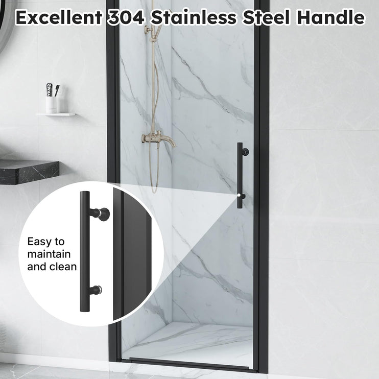 Adjustable 30-31.5" W x 75" H Semi-Frameless Pivot Shower Door, 1/4" (6mm) Clear Tempered Glass Shower Door, Pivot Swing Shower Glass Door, Reversible Installation, Black