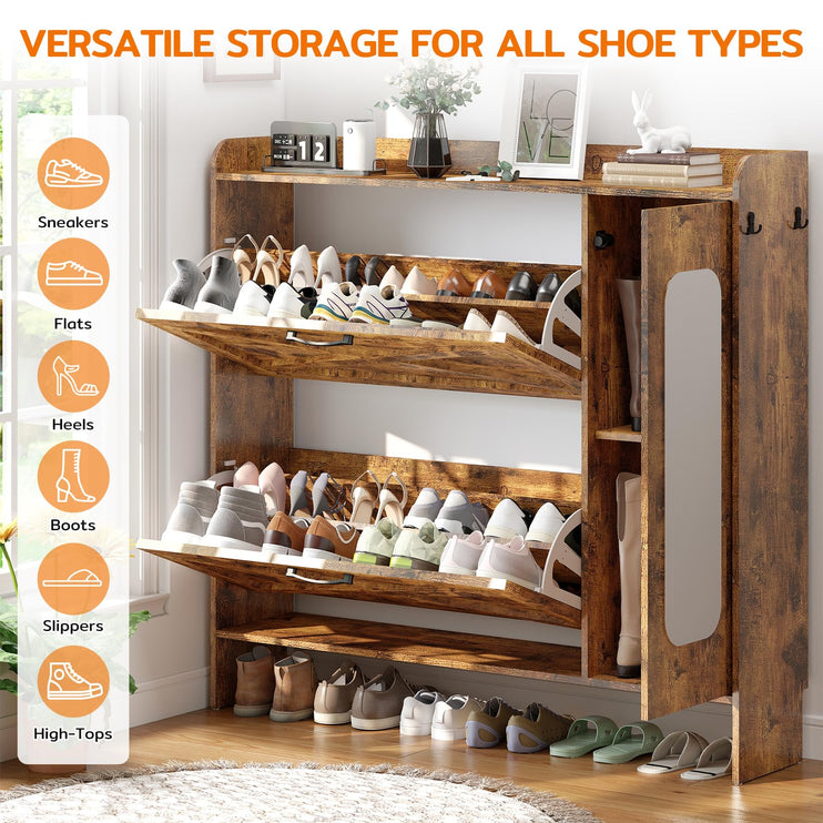 40.51" Shoe Storage Cabinet with 2 Flip Drawers & Side Cabinet, Flip Drawer Shoe Cabinet with Mirror and Adjustable Shelves, Wooden Shoe Organizer Cabinet for Entryway, Livingroom, Brown