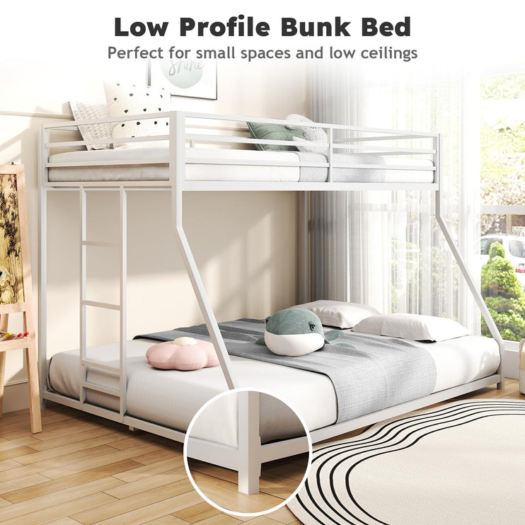 Twin Over Full Bunk Bed, Metal Low Profile Bunkbeds with Full-Length Guardrail and Ladder, Space Saving, No Boxing Spring Needed, White