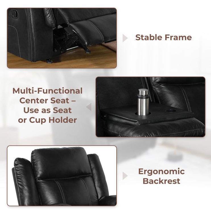 Leather Manual Recliner Sofa Set, Reclining Sofa Chair with Adjustable Angle, Living Room Furniture Sets, Includes Single Recliner Chair and Loveseat Sofa, Black