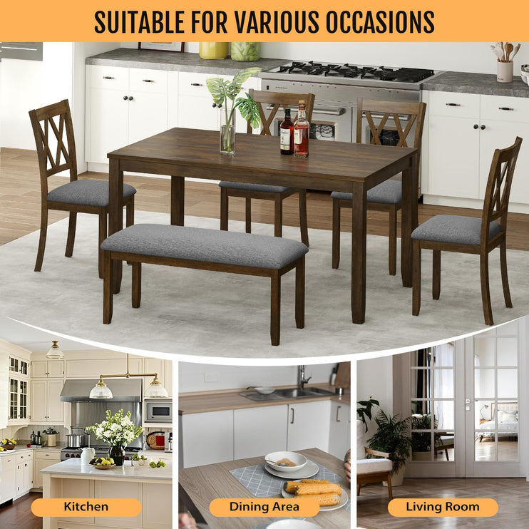 6-Piece Solid Wood Dining Table Set, Dining Table & Chair Set for 6, Including 1 Dining Table, 4 Upholstered Chairs and 1 Bench, Dining Table Set for Dining Room & Kitchen, Walnut