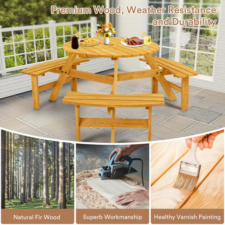 6 Person Wood Picnic Table, Round Tabletop with Umbrella Hole, 3 Built-in Curved Benches, 1720LBS Total Capacity for Balcony, Garden, Light Wood Color