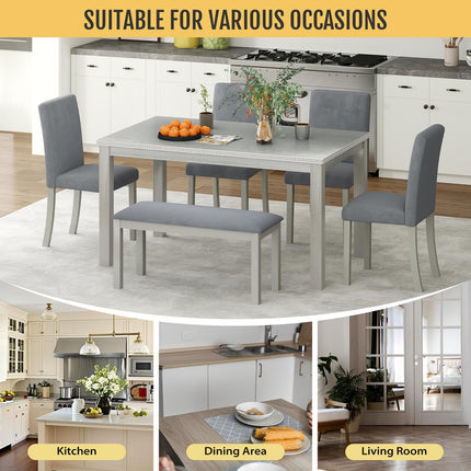 6-Piece Solid Wood Dining Table Set, Including 1 Dining Table, 4 Upholstered Chairs and 1 Bench, Wooden Dining Table Set with Crystal Decoration for Kitchen, Dining Room, Silver Grey