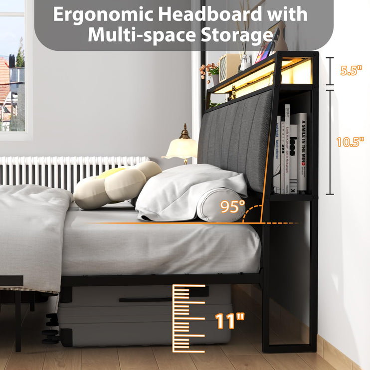 Queen Bed with Storage Shelf, Queen Bed with LED Lights, Charging Station & Drawers, Queen Size Bed with Upholstered Headboard, No Noise, Black and Brown