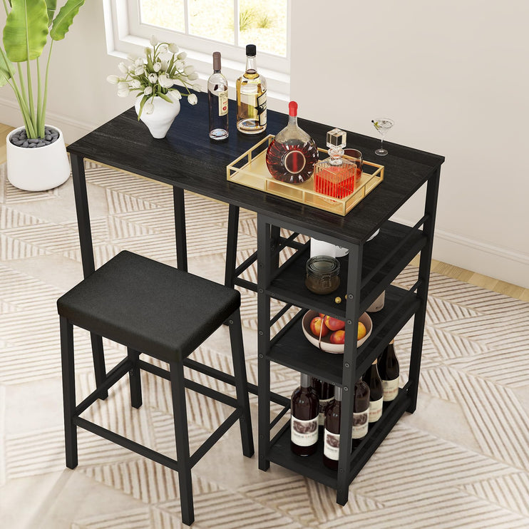 3 Pieces Pub Dining Table Set, Dining Table Set for 2, Counter Height Dining Set, Black Kitchen Bar Table, with 3 Storage Shelf & 2 H-Shaped Frame Support PU Stools for Bar, Kitchen-Black