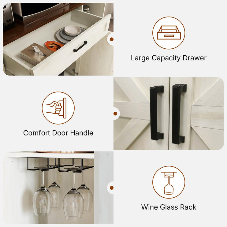 Kitchen Pantry Storage Cabinet with LED Lights and Charging Station, 71" Tall Kitchen Hutch Buffet Cabinet with Door Glass Holder and Drawers, Freestanding Wood Cupboard (Antique White)