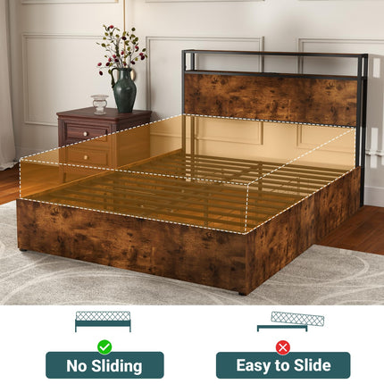 Queen Bed Frame with 4 Storage Drawers, Wooden Headboard with Charging Station & Adjustable LED Lights, Large Under-Bed Space, Queen Metal Platform Bed Base, No Box Spring Needed, Brown