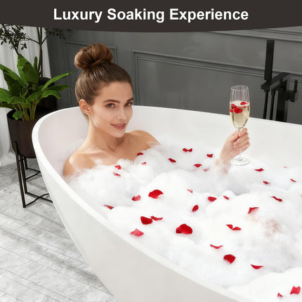 63 Inch Stone Resin Freestanding Bathtub, Modern Oval Soaking Bathtubs Tubs, Contemporary Solid Surface Bathtubs with Overflow and Pop-up Drain, Matte White