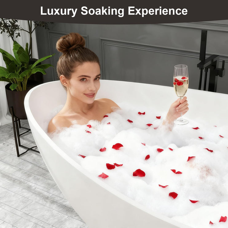 63 Inch Stone Resin Freestanding Bathtub, Modern Oval Soaking Bathtubs Tubs, Contemporary Solid Surface Bathtubs with Overflow and Pop-up Drain, Matte White