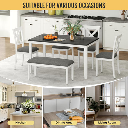 6-Piece Solid Wood Dining Table Set, Including 1 Dining Table, 4 Upholstered Chairs and 1 Bench, Wooden Legs Dining Table Set for Dining Room, Kitchen, Restaurant, White