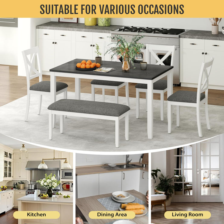 6-Piece Solid Wood Dining Table Set, Including 1 Dining Table, 4 Upholstered Chairs and 1 Bench, Wooden Legs Dining Table Set for Dining Room, Kitchen, Restaurant, White